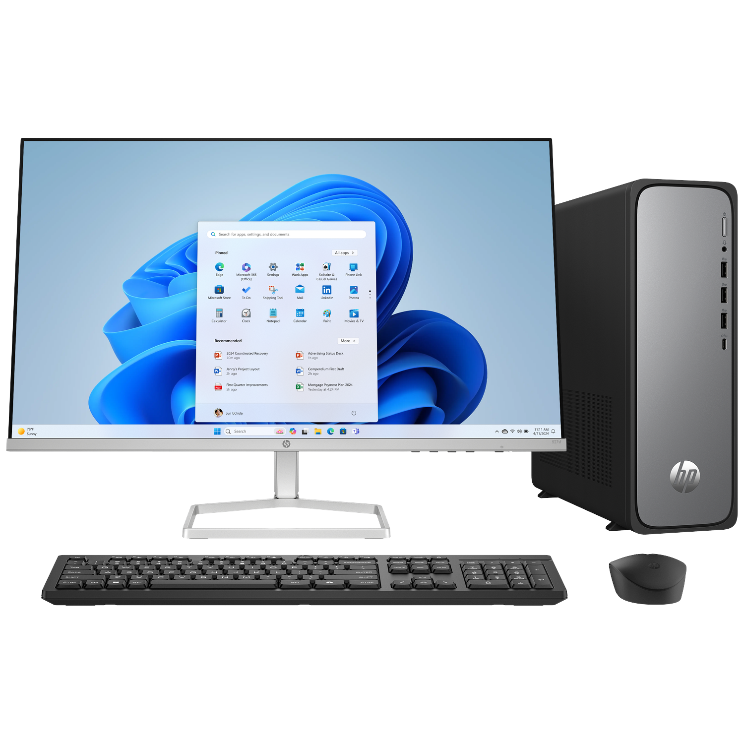 HP desktop computer with monitor, keyboard, and mouse. Windows 11 interface shown.
