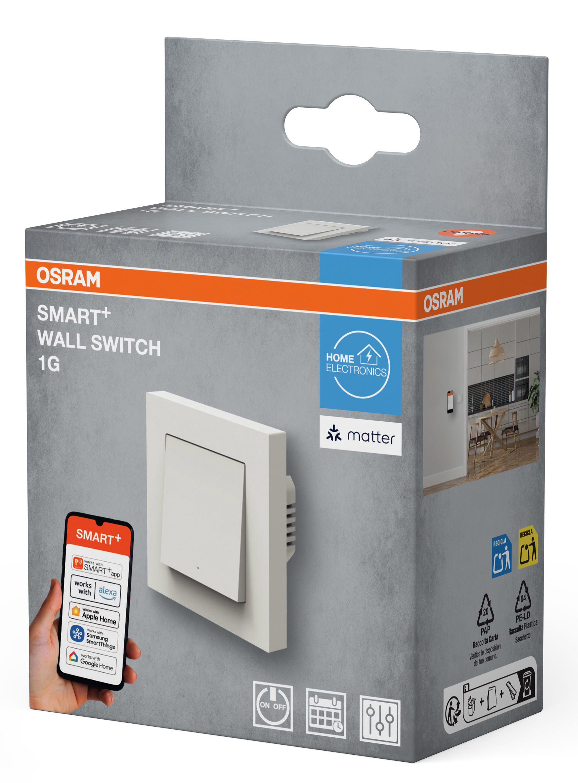 OSRAM Smart+ fali kapcsoló 1G doboz ikonokkal az okosotthon-kompatibilitáshoz.