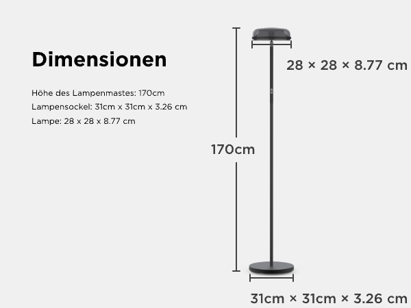 Ein Stehlampe mit Maßen: 170cm Höhe, 31x31x3.26cm Sockel, 28x28x8.77cm Lampe.