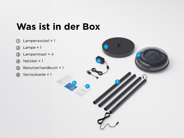 Inhalt der Box: Sockel, Lampe, 4 Stangen, Netzteil, Handbuch, Servicekarte.