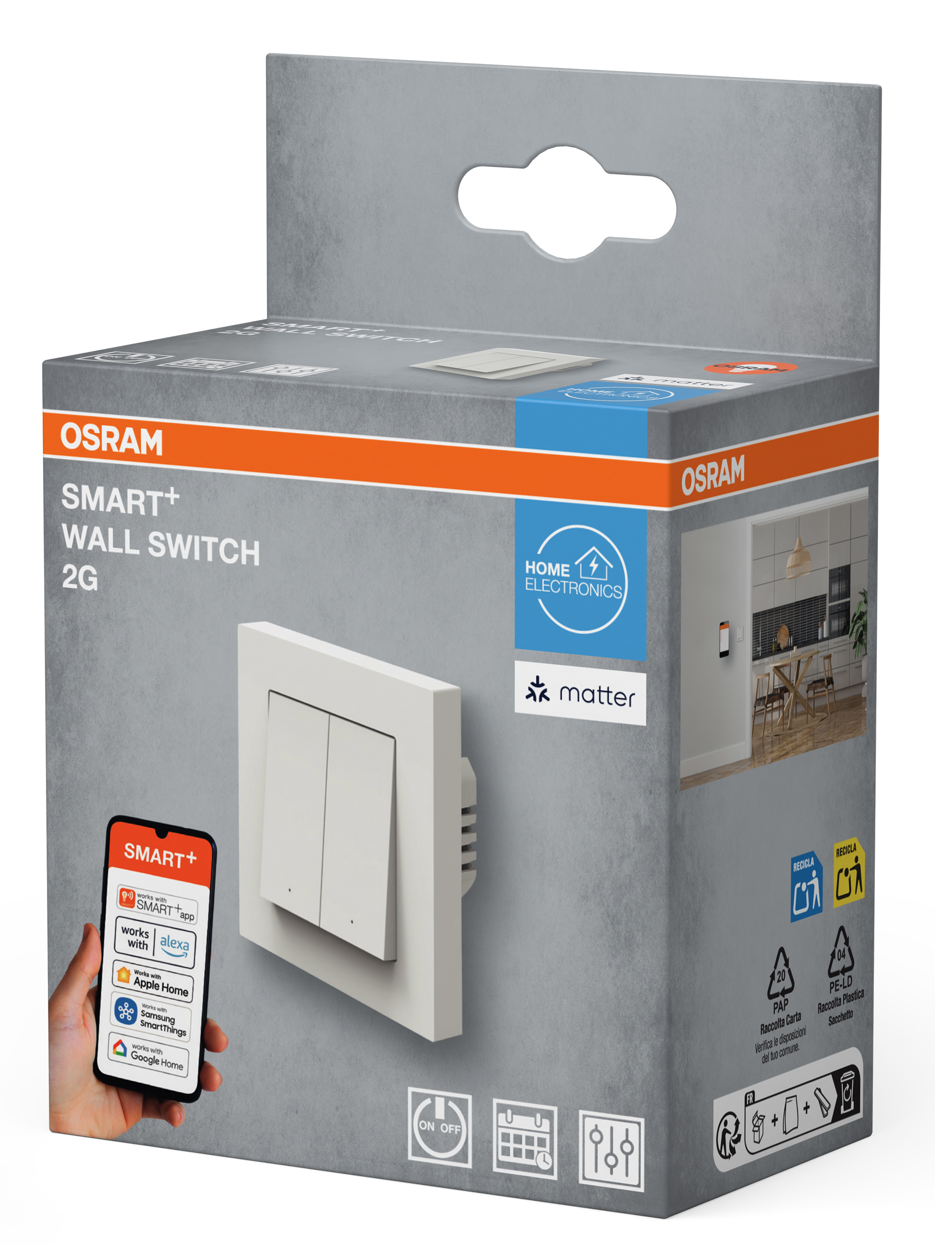 OSRAM Smart+ fali kapcsoló 2G csomagolása fehér, kétgombos kapcsolóval.