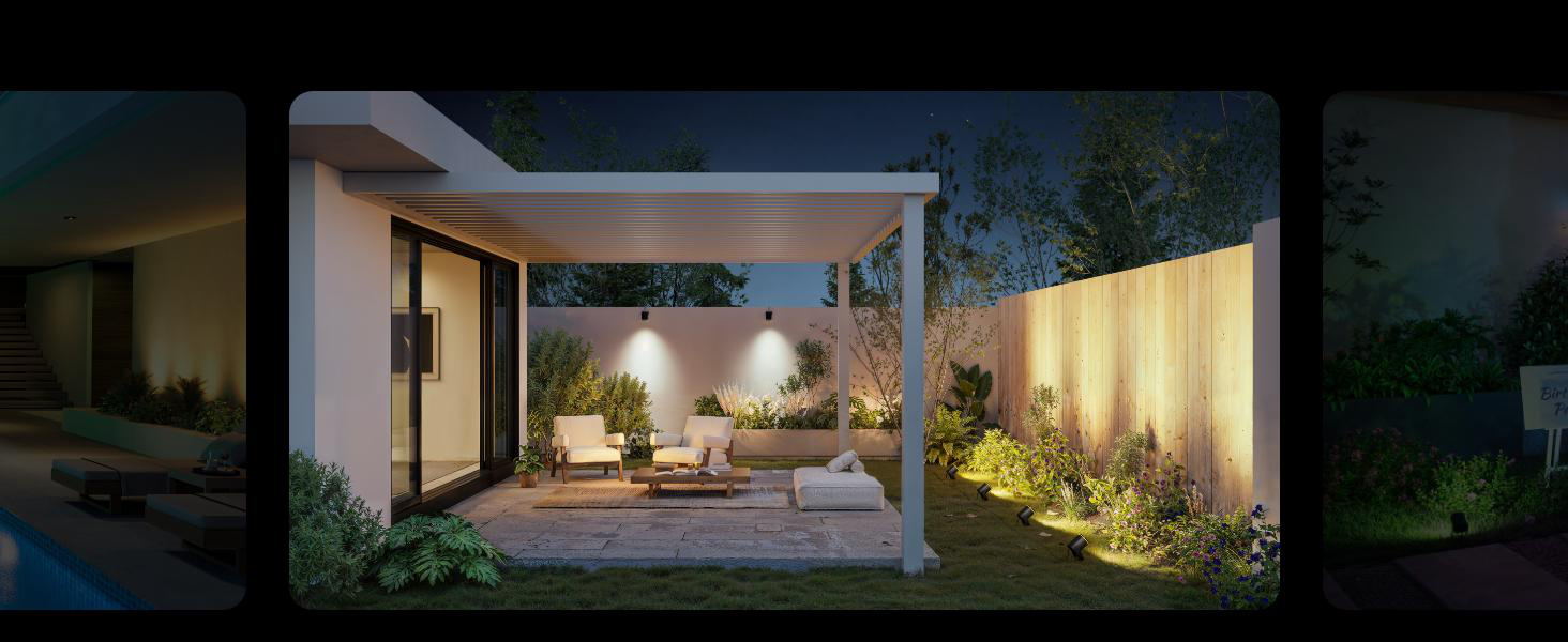 Eine moderne Terrasse bei Nacht mit Sitzgelegenheiten im Freien und Umgebungsbeleuchtung.