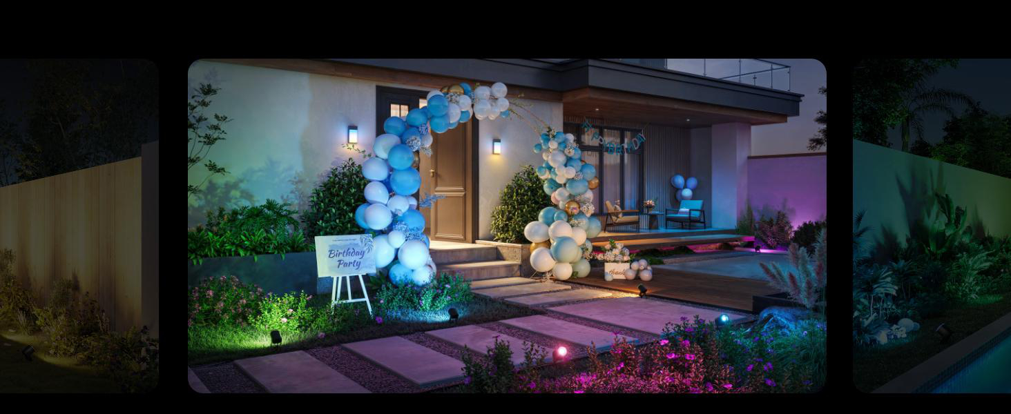 Blaue und weiße Ballons schmücken einen Hauseingang für eine Geburtstagsfeier.
