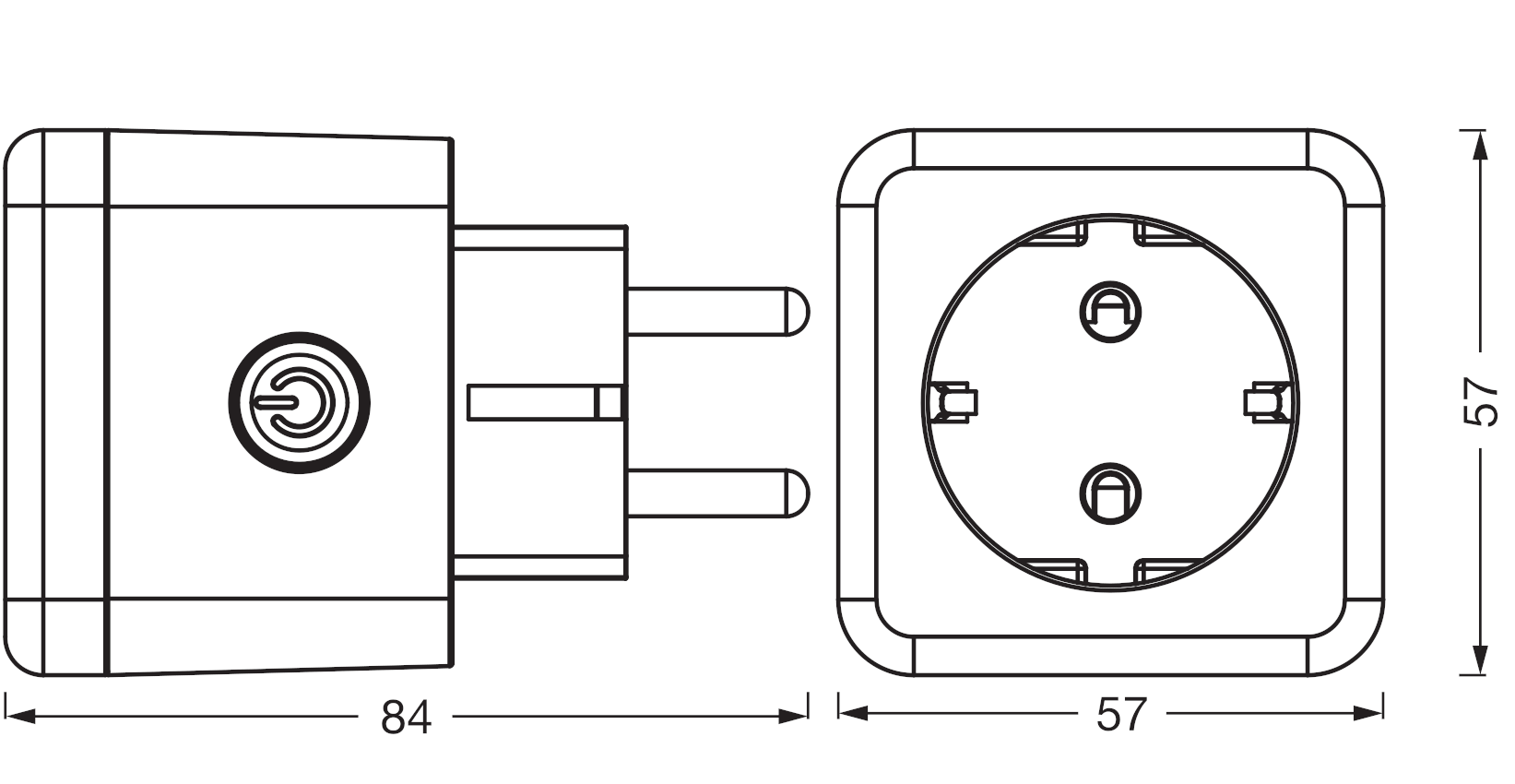 Egy elektromos adapter rajza csatlakozó tüskékkel és aljzattal. Méretek feltüntetve.
