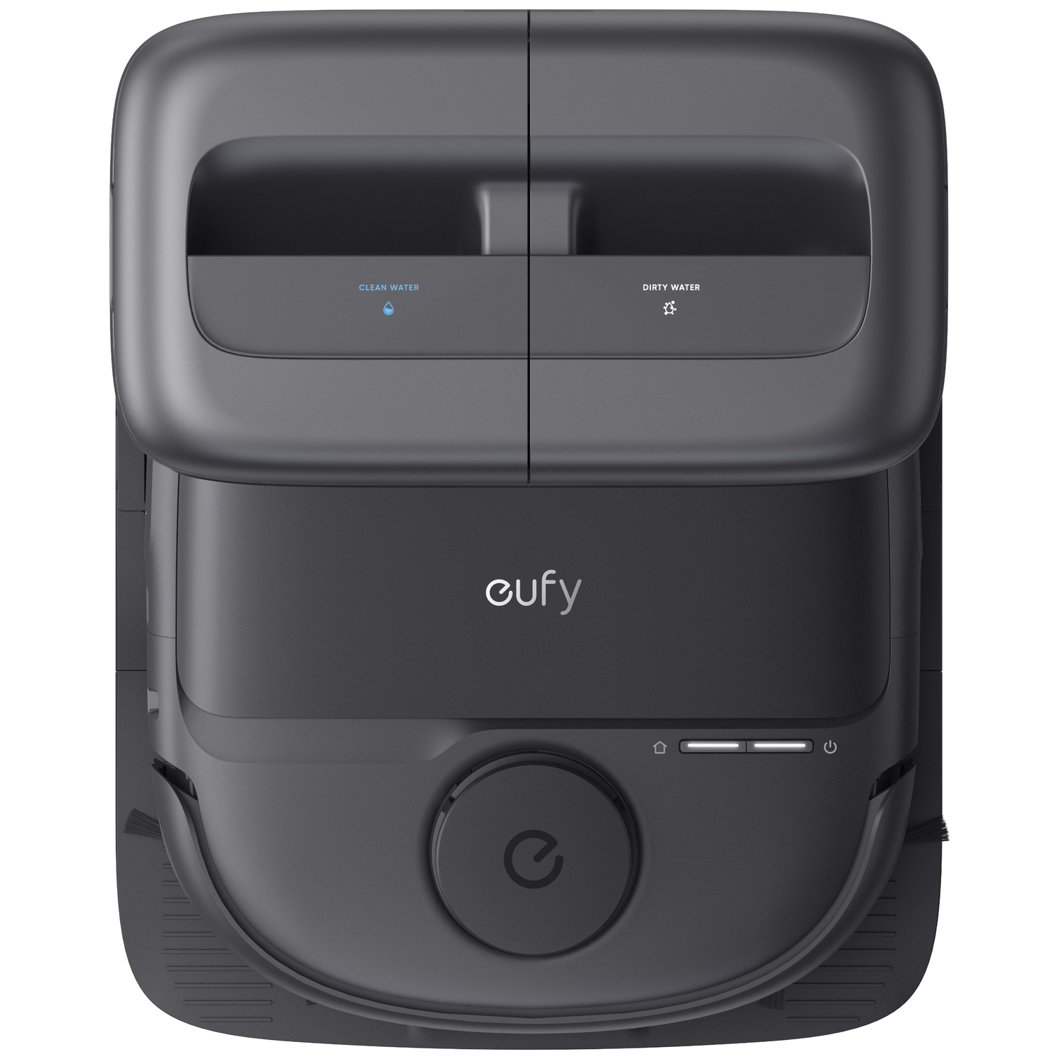 Aspirateur robot Eufy noir avec réservoirs d'eau propre et sale sur le dessus.