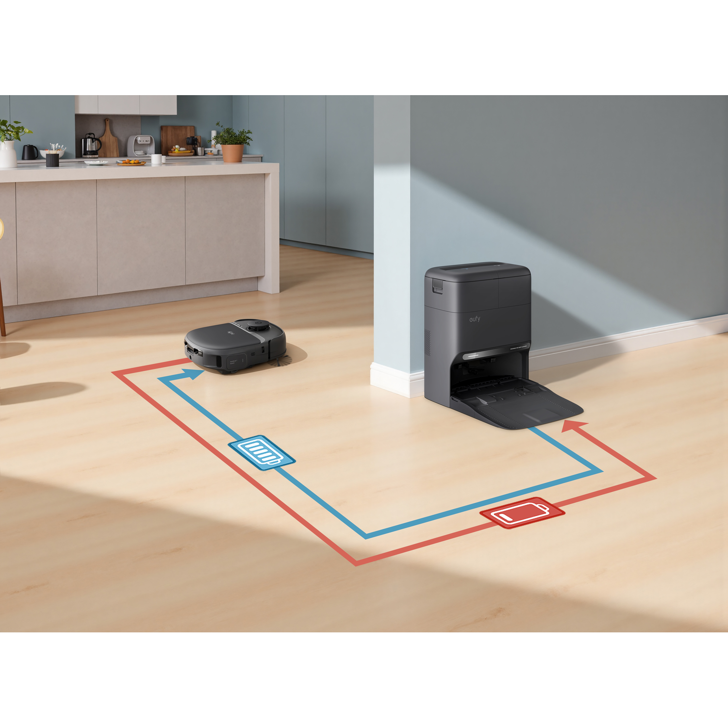 Un robot aspirateur se connecte à sa station tandis que des lignes rouges et bleues montrent le chemin de charge.