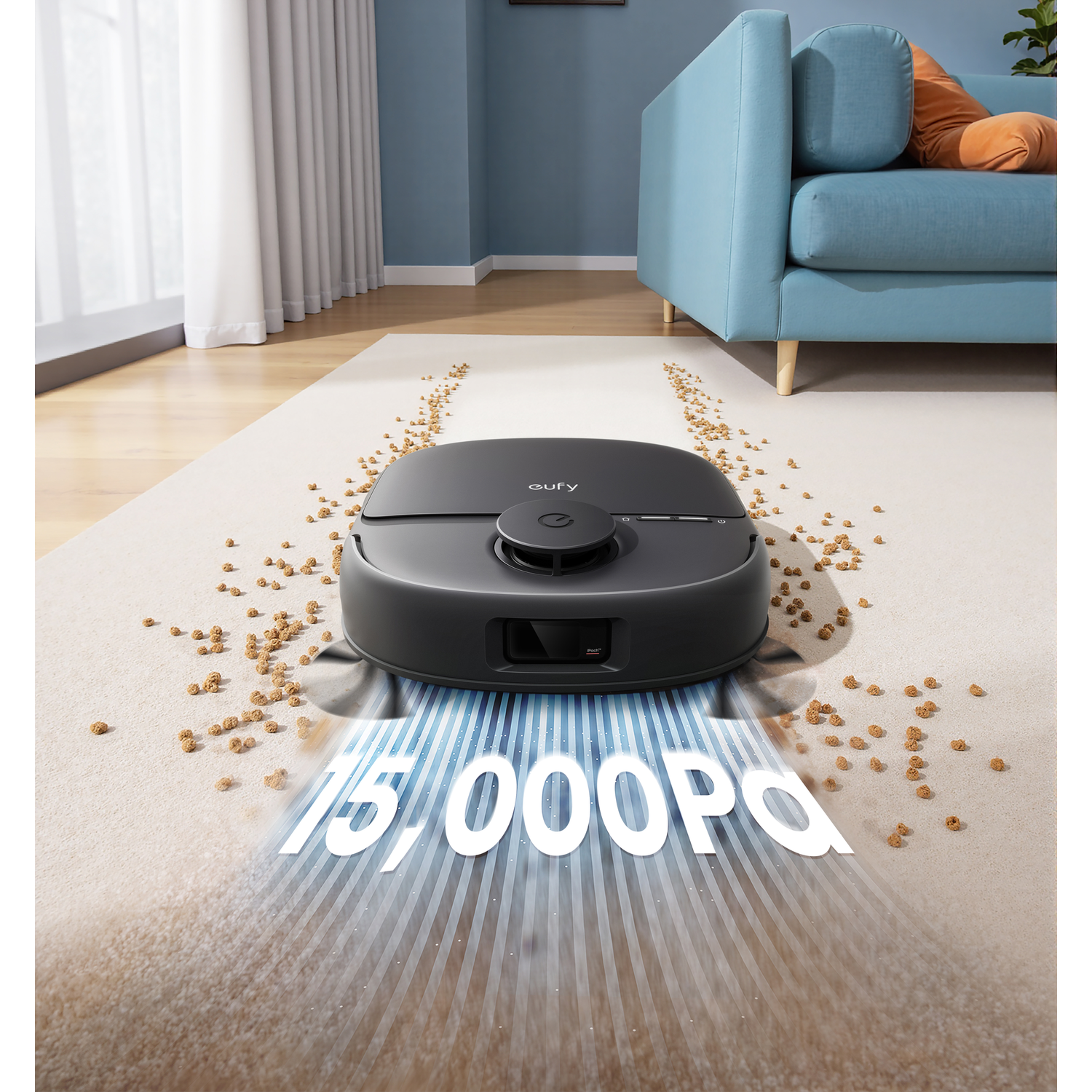Un aspirateur robot sombre nettoie des débris sur un tapis, avec le texte '15.000Pa'.