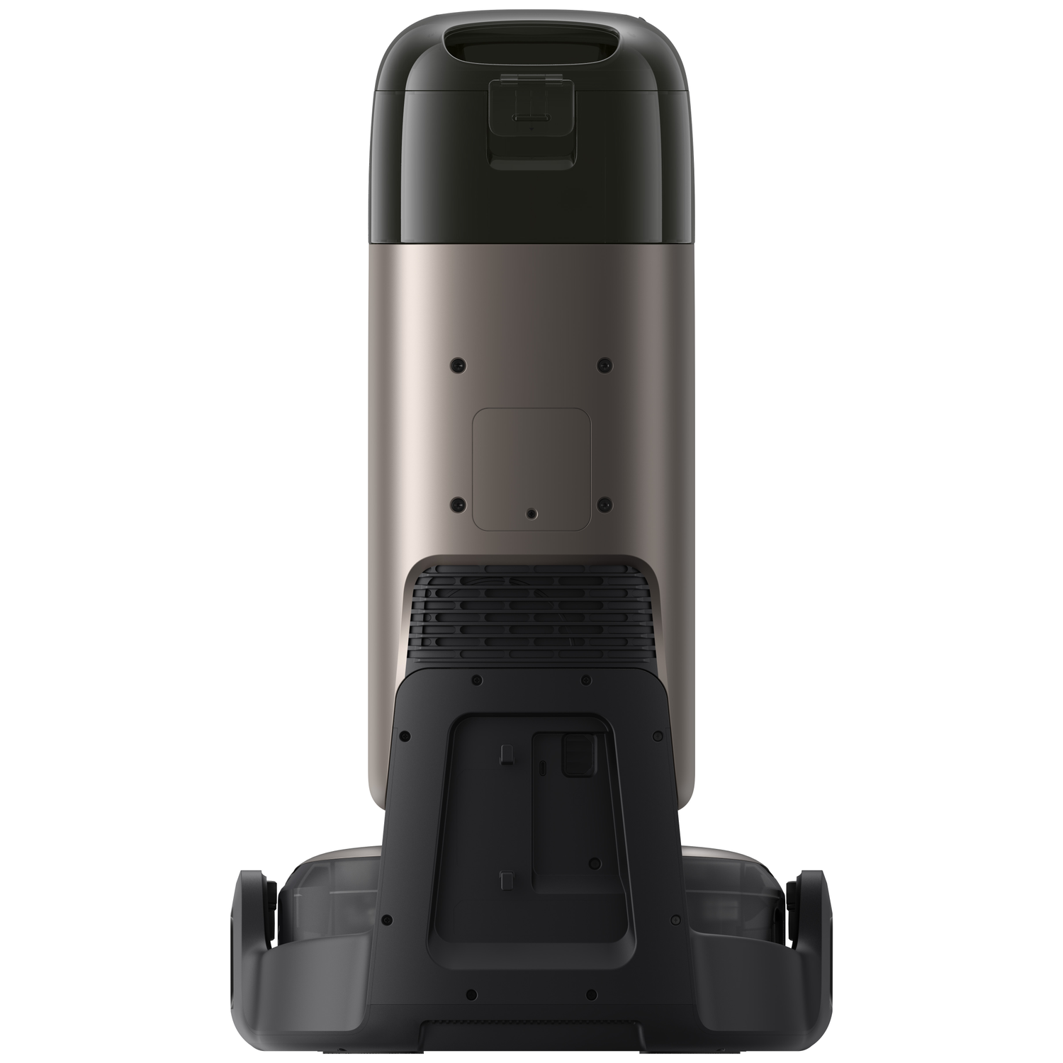 Un aspirateur robot bronze métallique et noir est montré de dos.