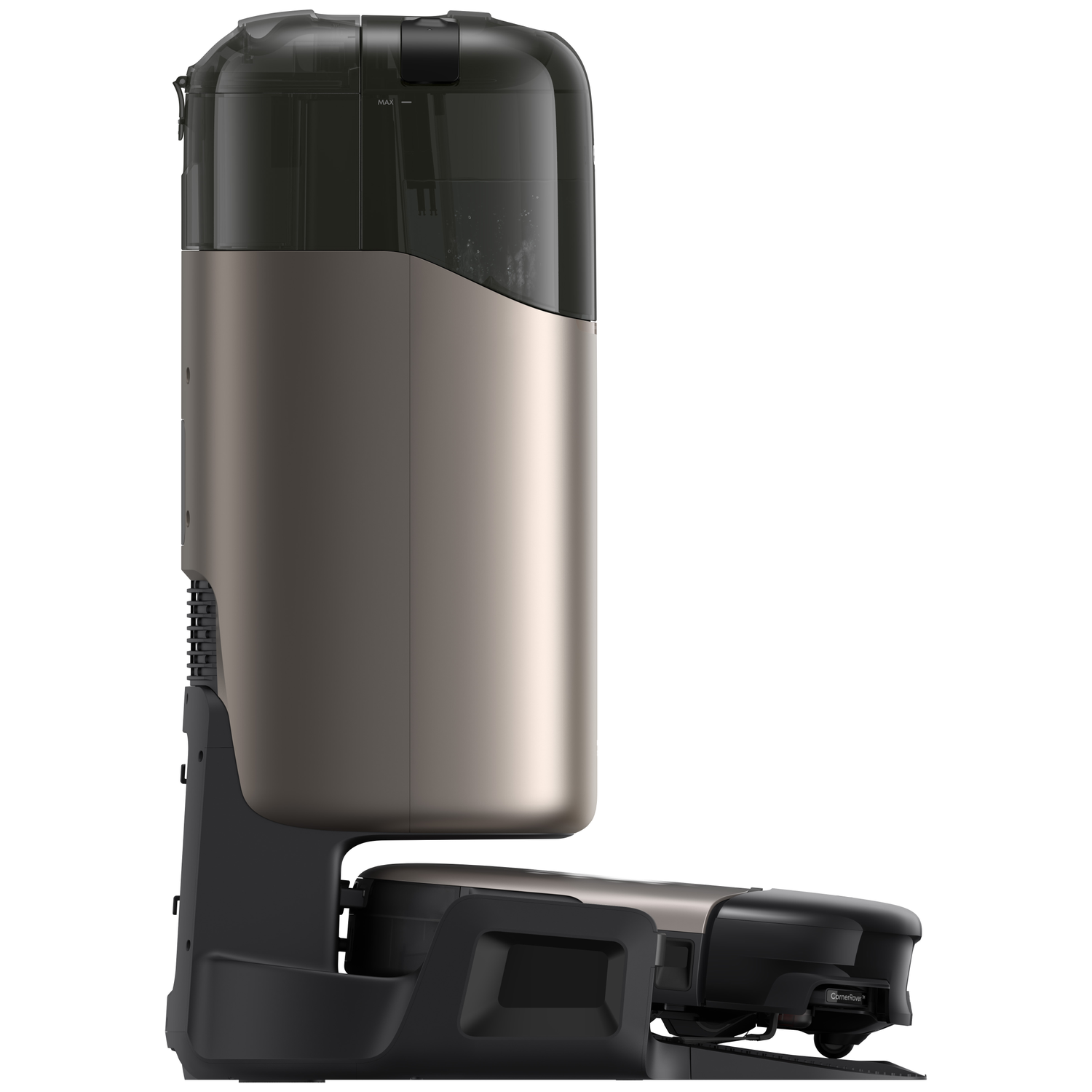 Un aspirateur robot doré et noir avec un réservoir supérieur transparent.