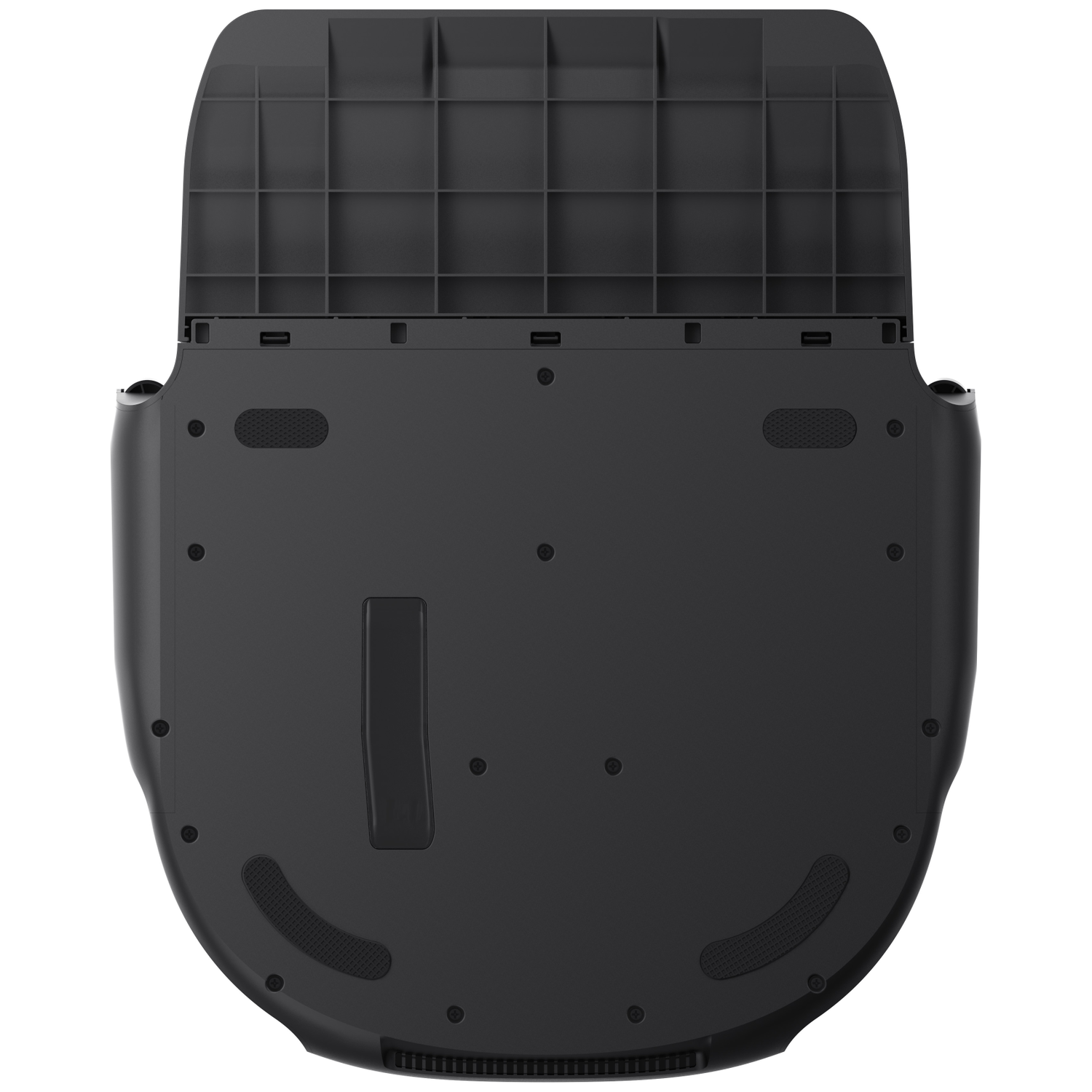 Console de jeu noire vue par le bas, couvercle ouvert montrant un motif en grille.
