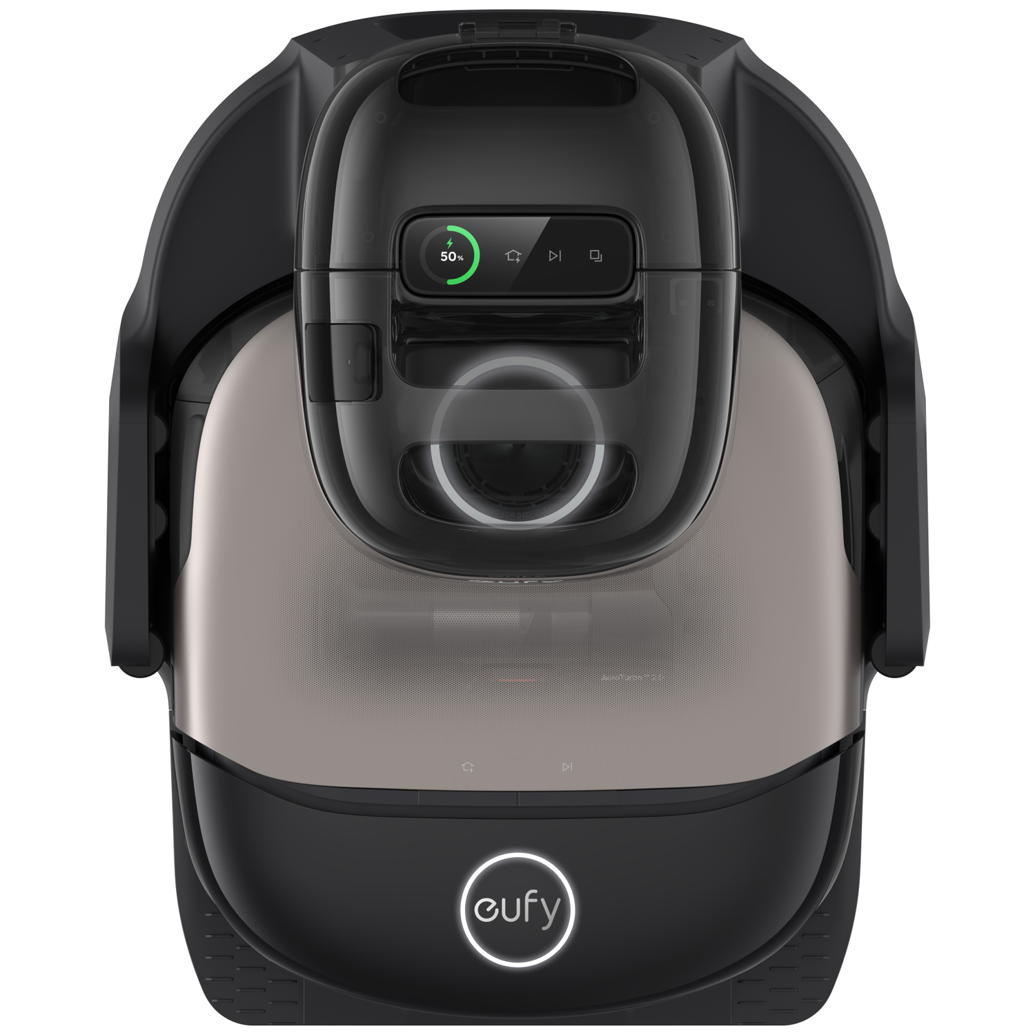 Un aspirateur robot noir et argenté avec un écran numérique affichant 50% de batterie.
