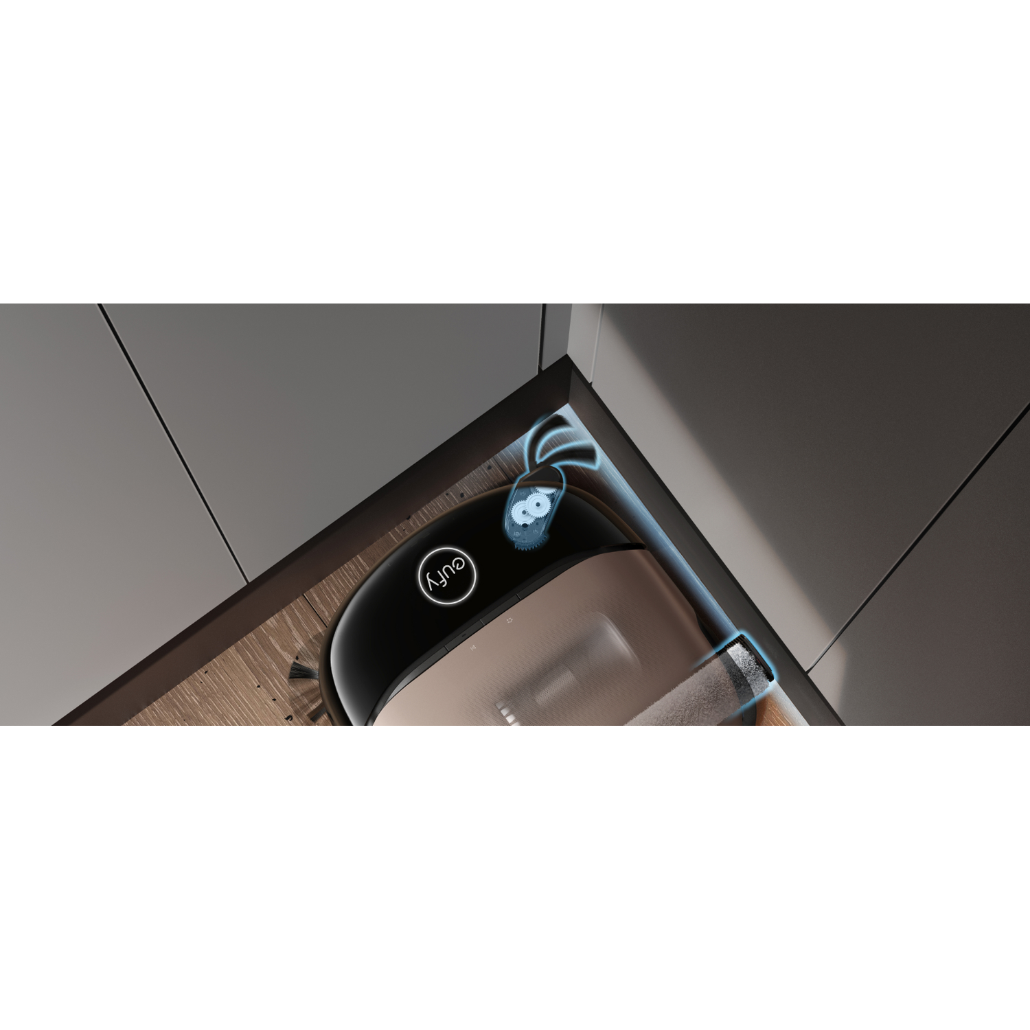 Un aspirateur robot Eufy noir navigue dans un coin avec des accents de lumière bleue.