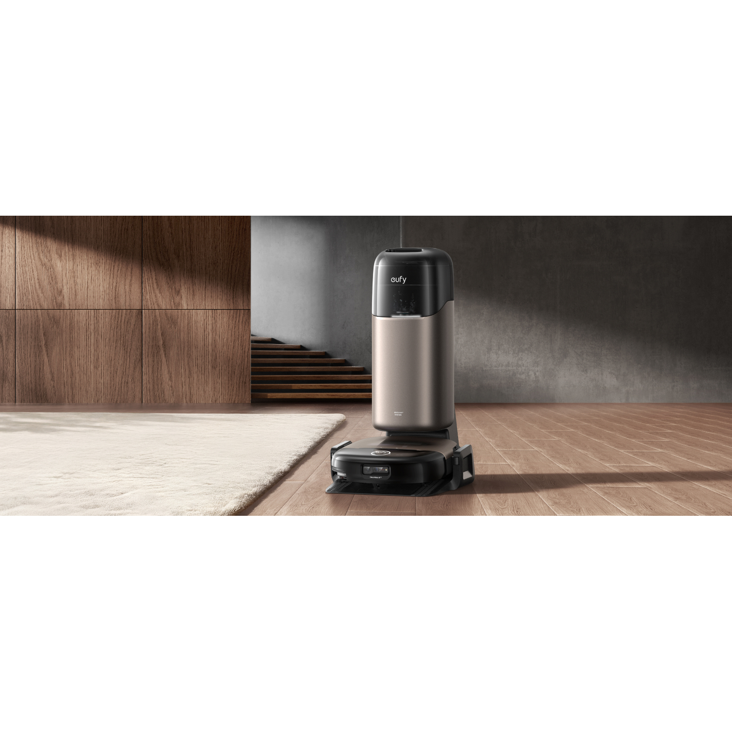 Un aspirateur robot élégant et sa station d'accueil sont sur un parquet près d'un tapis moelleux.