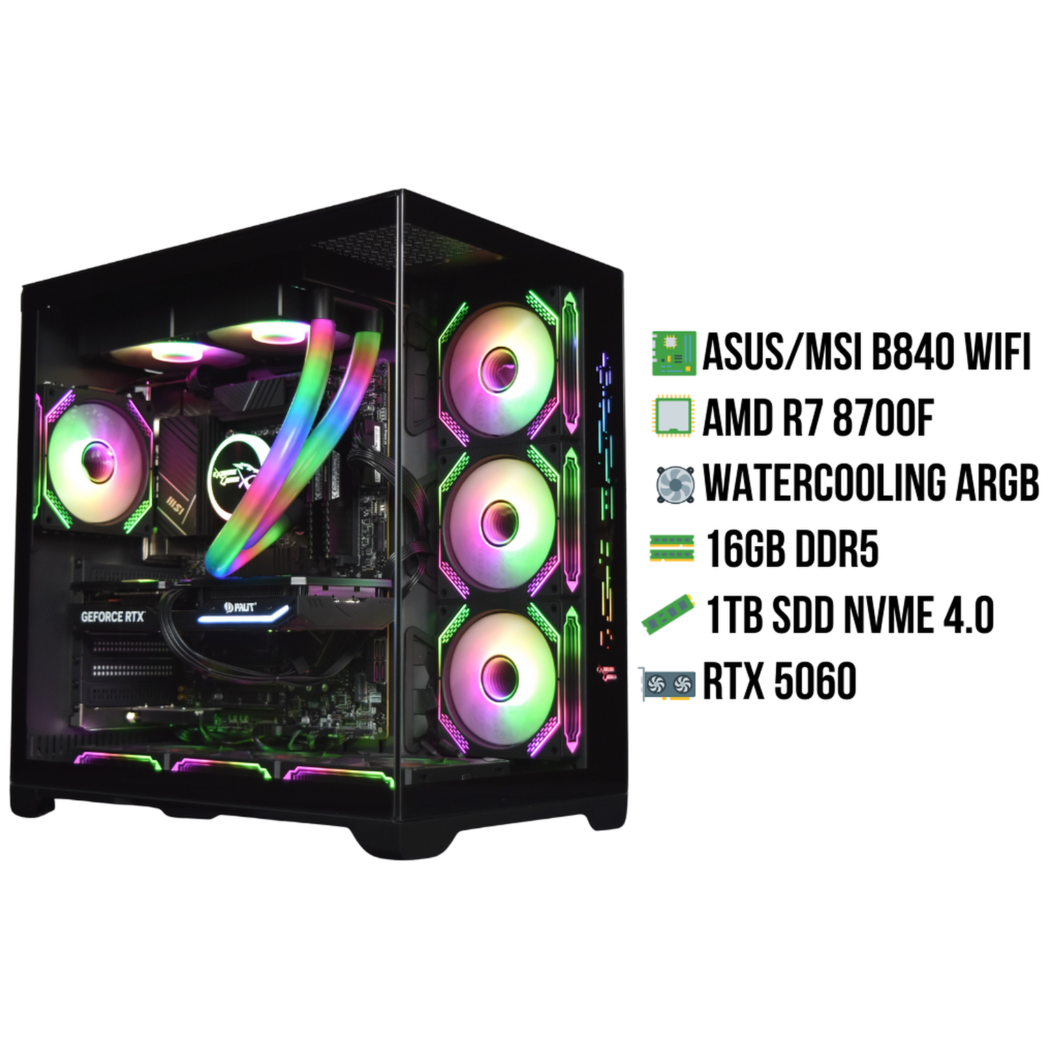 A gaming PC with RGB fans, a GeForce RTX GPU, and visible internal components.