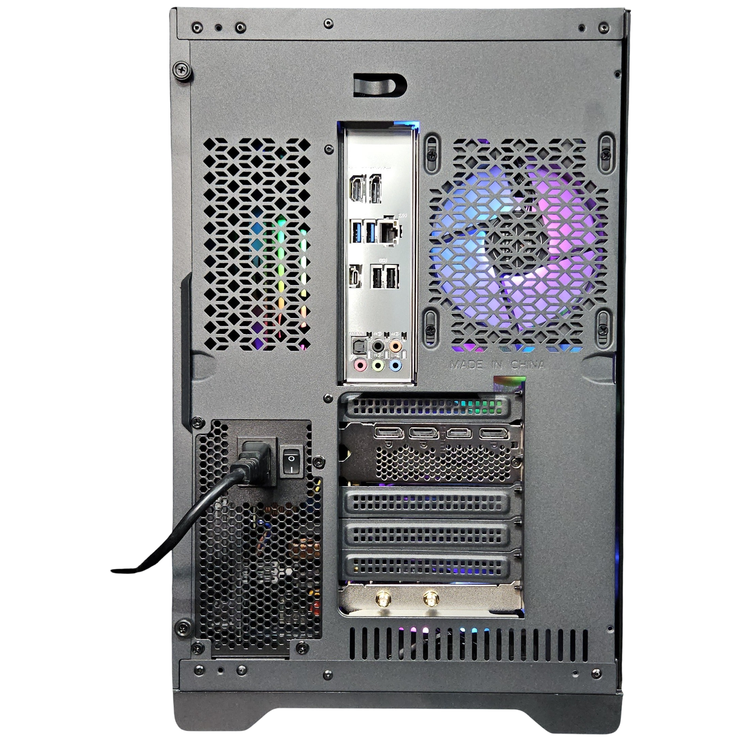 Rear view of a black computer tower, showing ports, fans, and power supply.