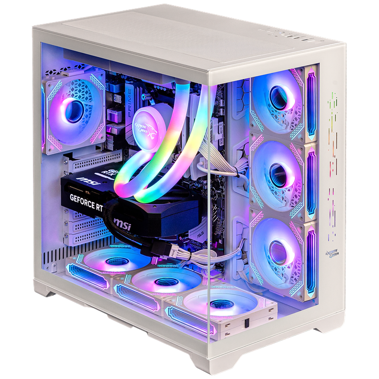 White PC case with RGB lighting on fans, GPU, and liquid cooler tubes.