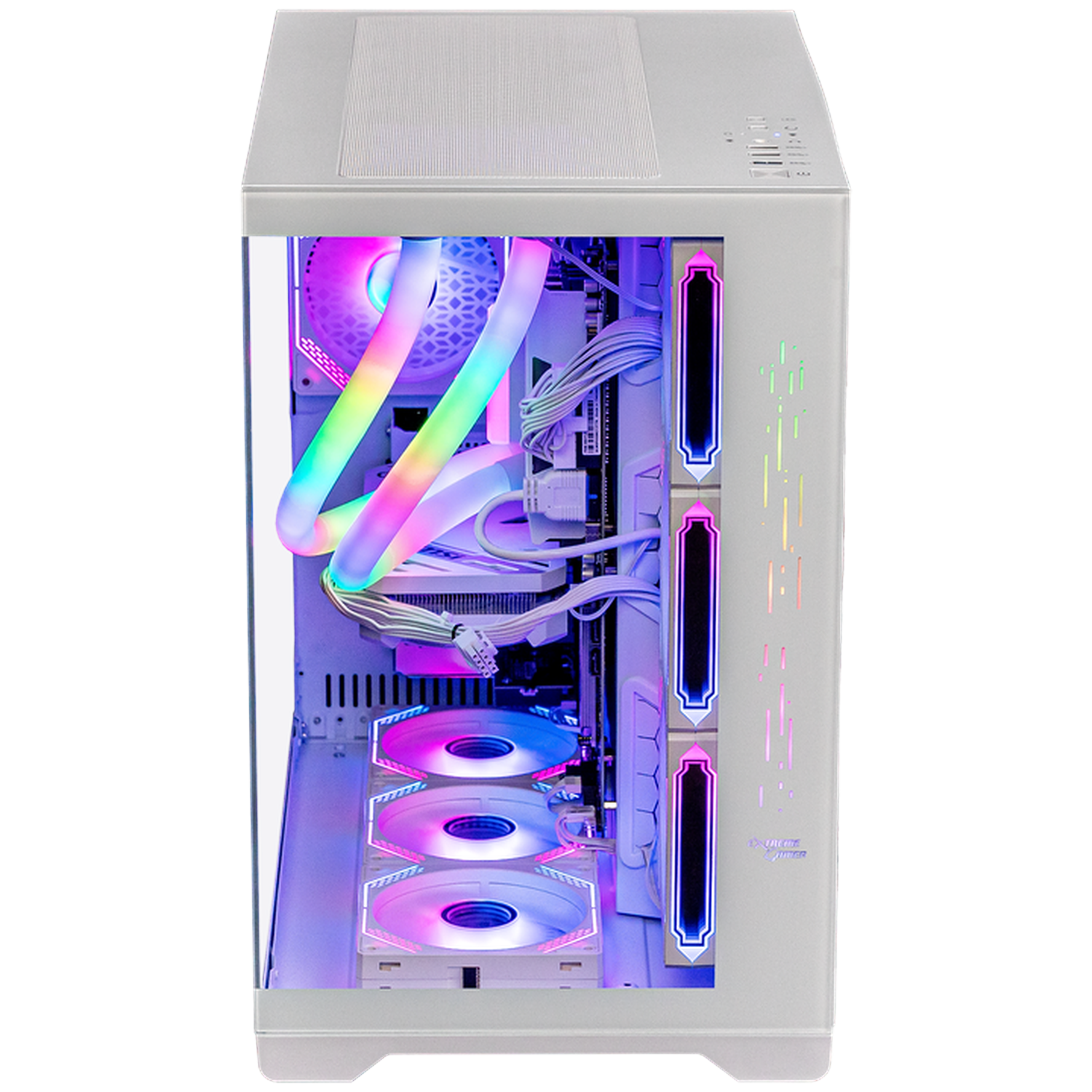 White PC case with RGB fans and lighting. Internal components visible through glass panel.
