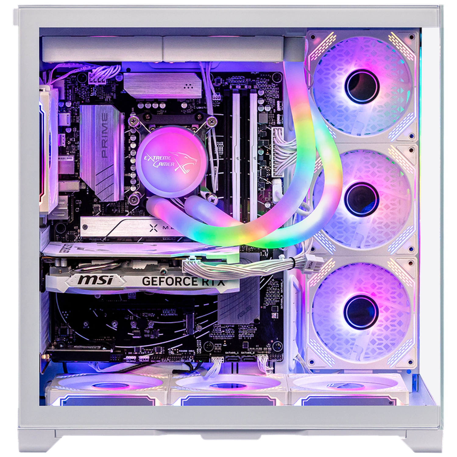 White PC case interior with RGB lighting on fans, CPU cooler, and GPU.