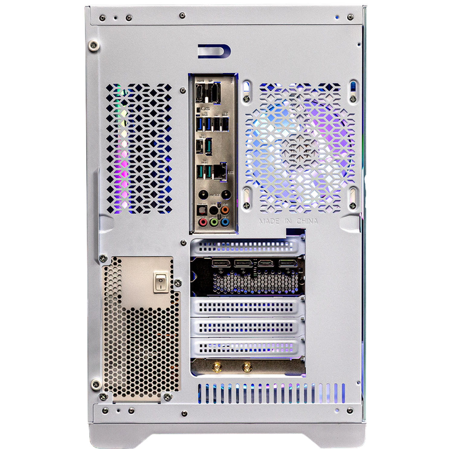 Rear view of a white computer case with fans and ports visible.