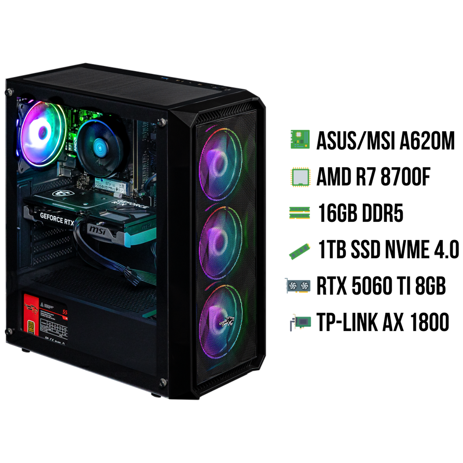 Gaming PC with RGB fans, RTX 5060 Ti, AMD R7 8700F, 16GB DDR5 RAM.