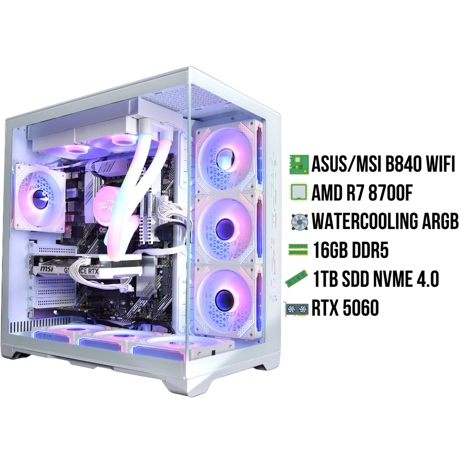 White PC case with RGB fans, showing internal components like GPU and motherboard.
