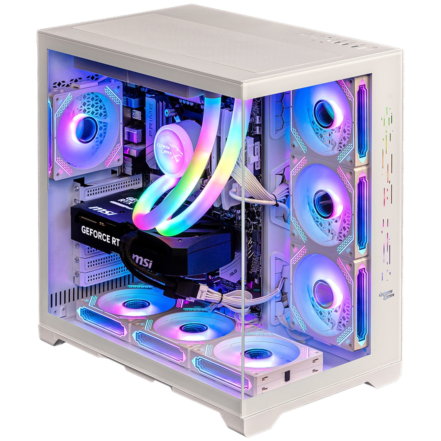 White computer case with RGB fans and lighting, showing internal components.