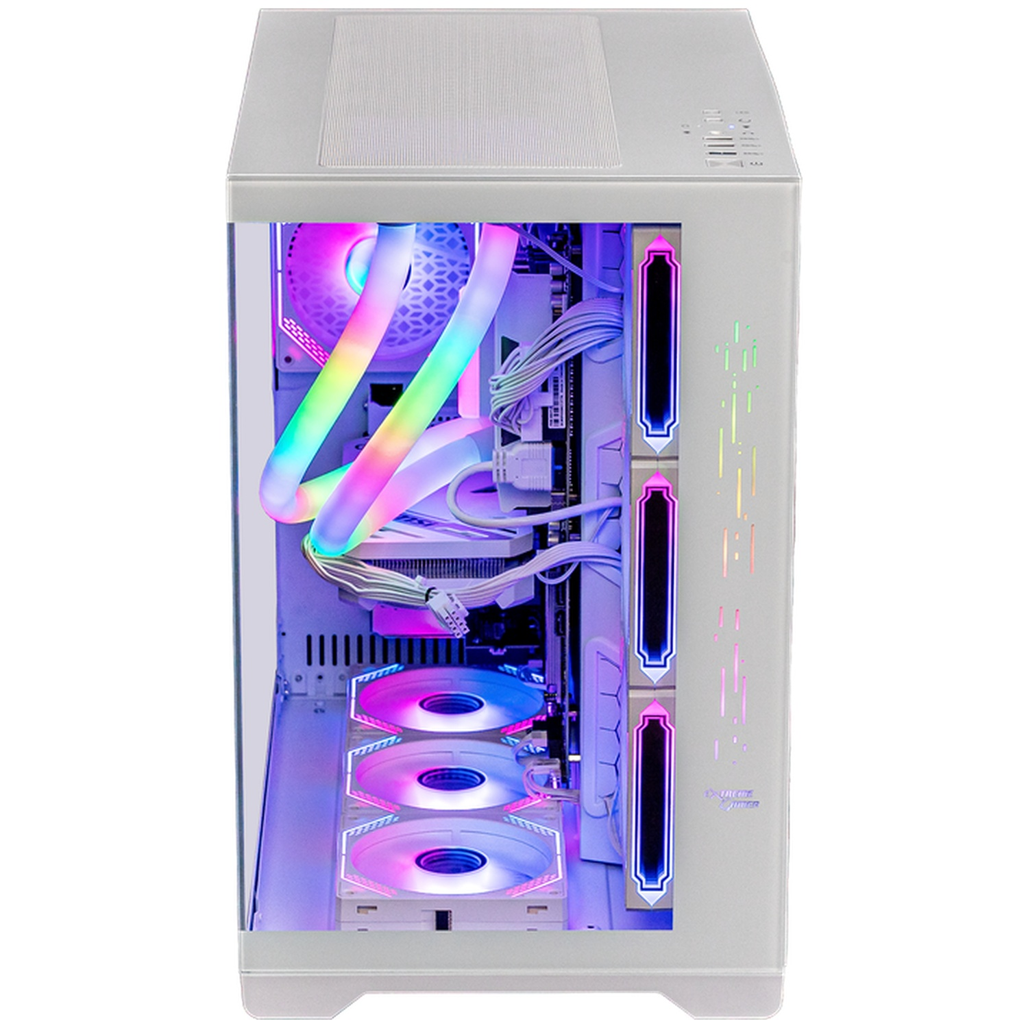 A white PC case with RGB lighting, fans, and cables inside.