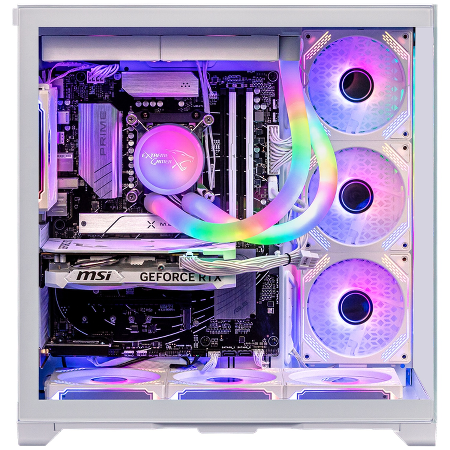 A white computer case with internal components illuminated by colorful RGB lighting.