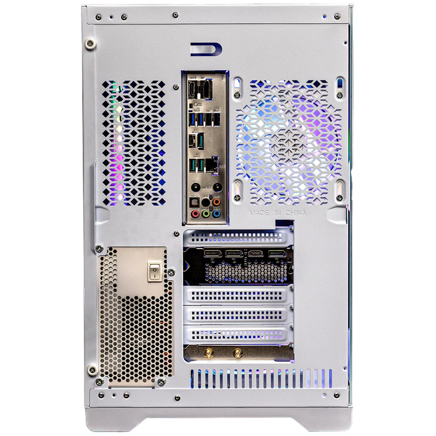 Back of a white computer case with fans, ports, and a power switch. RGB lighting visible.