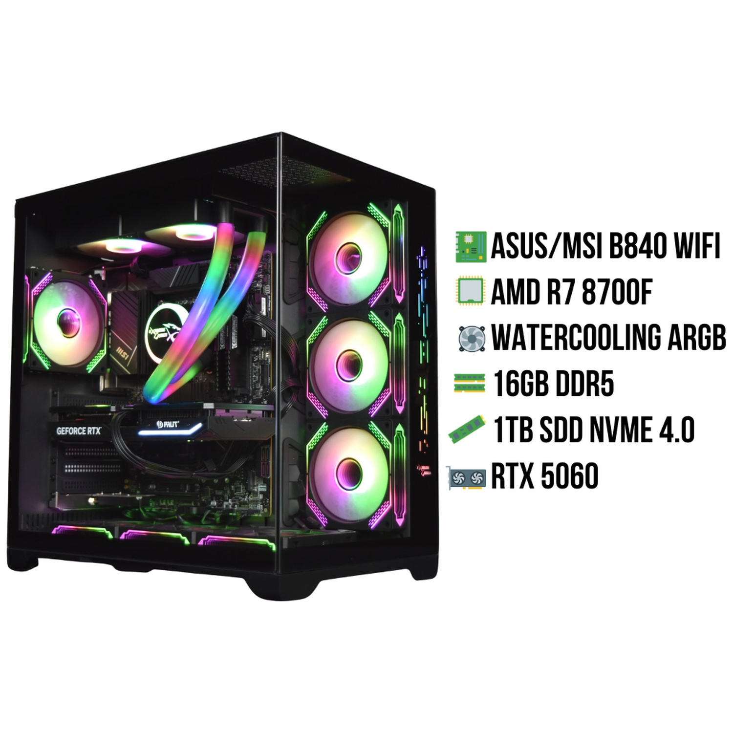 A gaming PC with RGB fans, water cooling, and RTX graphics card. Specs listed.