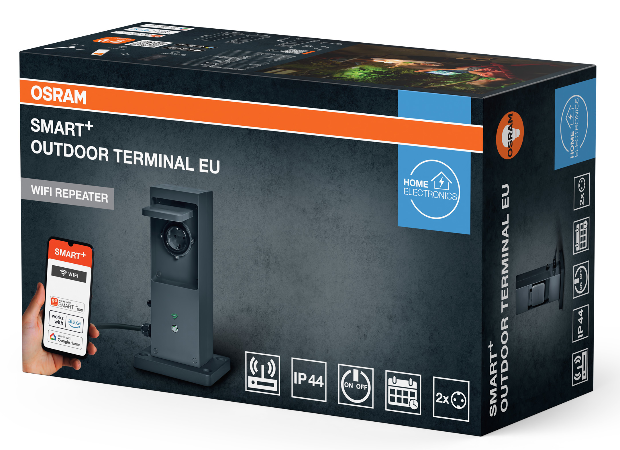 OSRAM SMART+ Outdoor Terminal EU csomagolás mutatja az eszközt, az appot és olyan funkciókat, mint WiFi repeater, IP44.