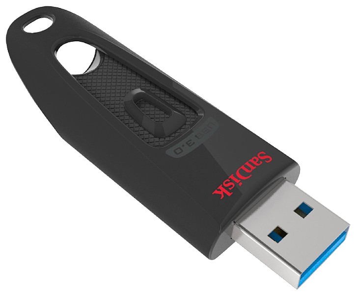 Schwarzer SanDisk USB 3.0 Stick mit texturiertem Griff und Schlaufe.