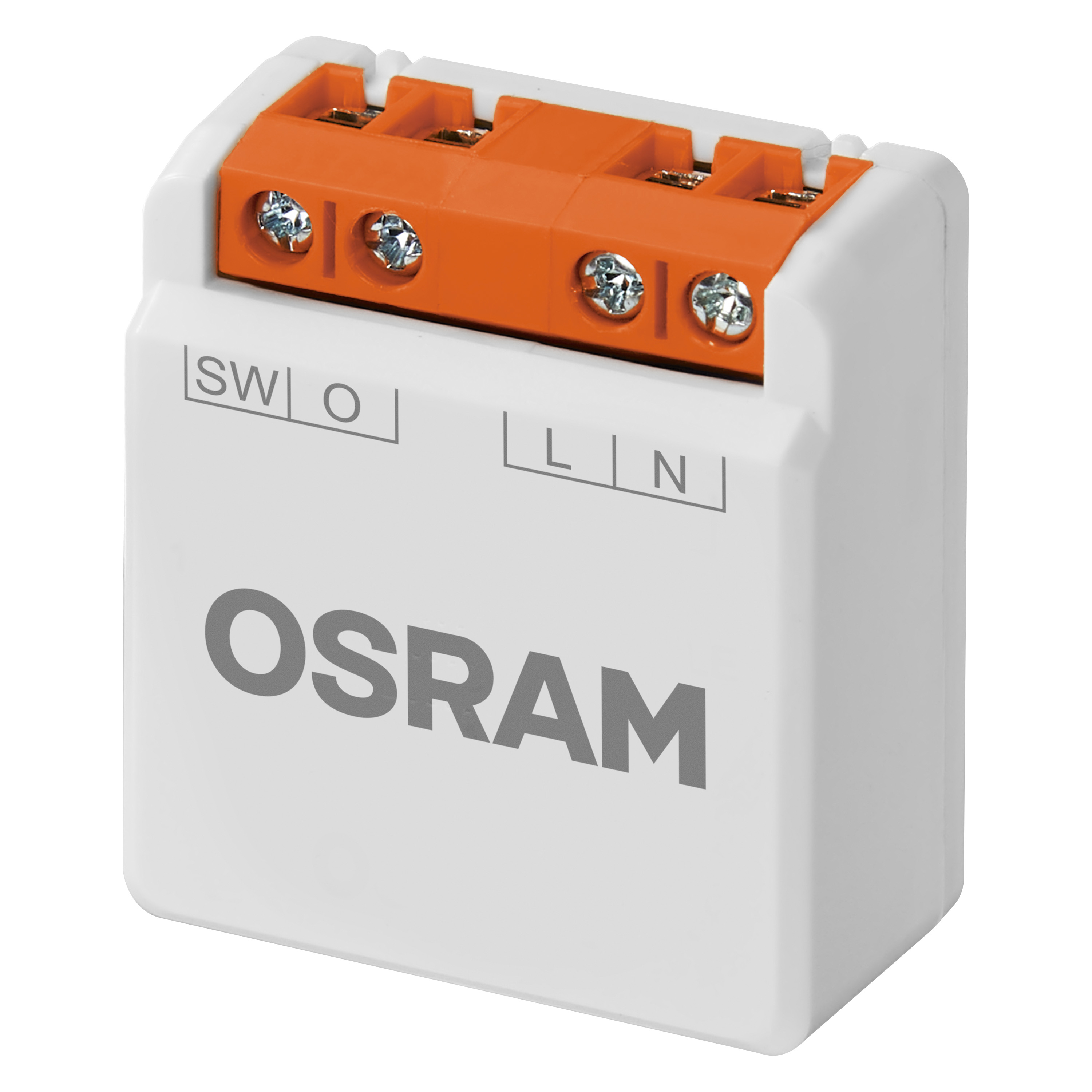 Fehér Osram készülék narancssárga csavaros kapcsokkal, jelölve SW, O, L, N.