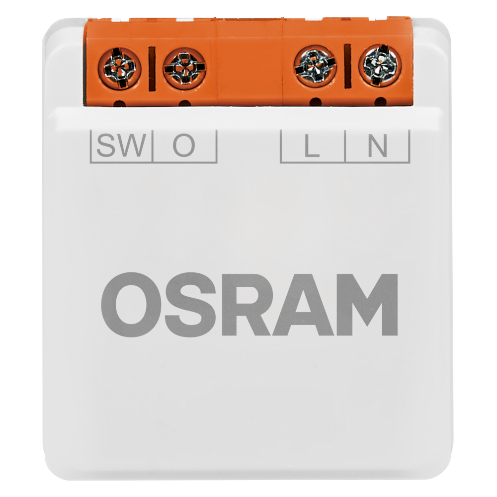 Fehér Osram eszköz narancssárga csatlakozóblokkal és SW, O, L, N jelölésű kapcsokkal.