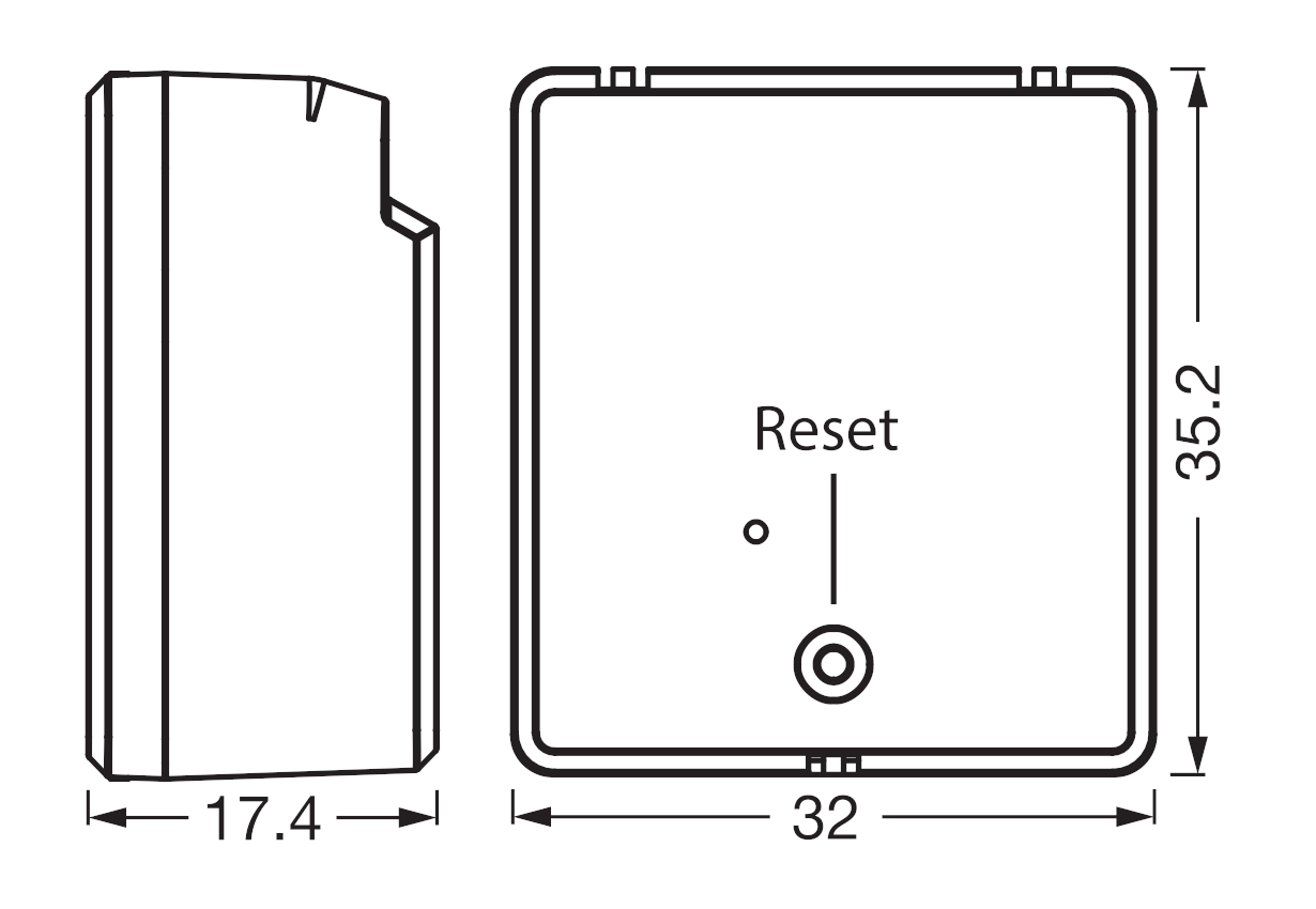 Egy téglalap alakú eszköz műszaki rajza reset gombbal. Méretek 17,4 és 32x35,2.