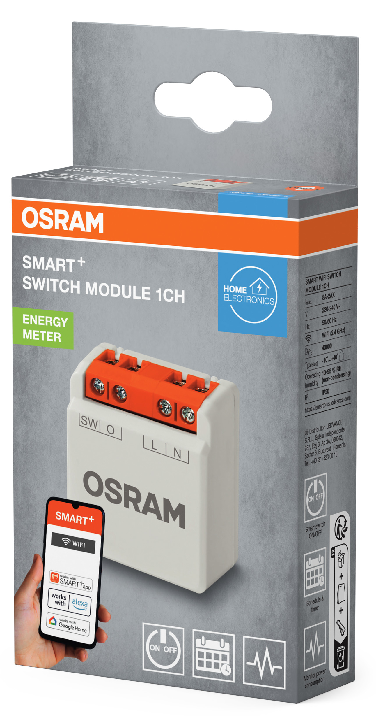 Osram Smart+ kapcsolómodul 1CH doboz modullal, telefon applikációval, ikonokkal.