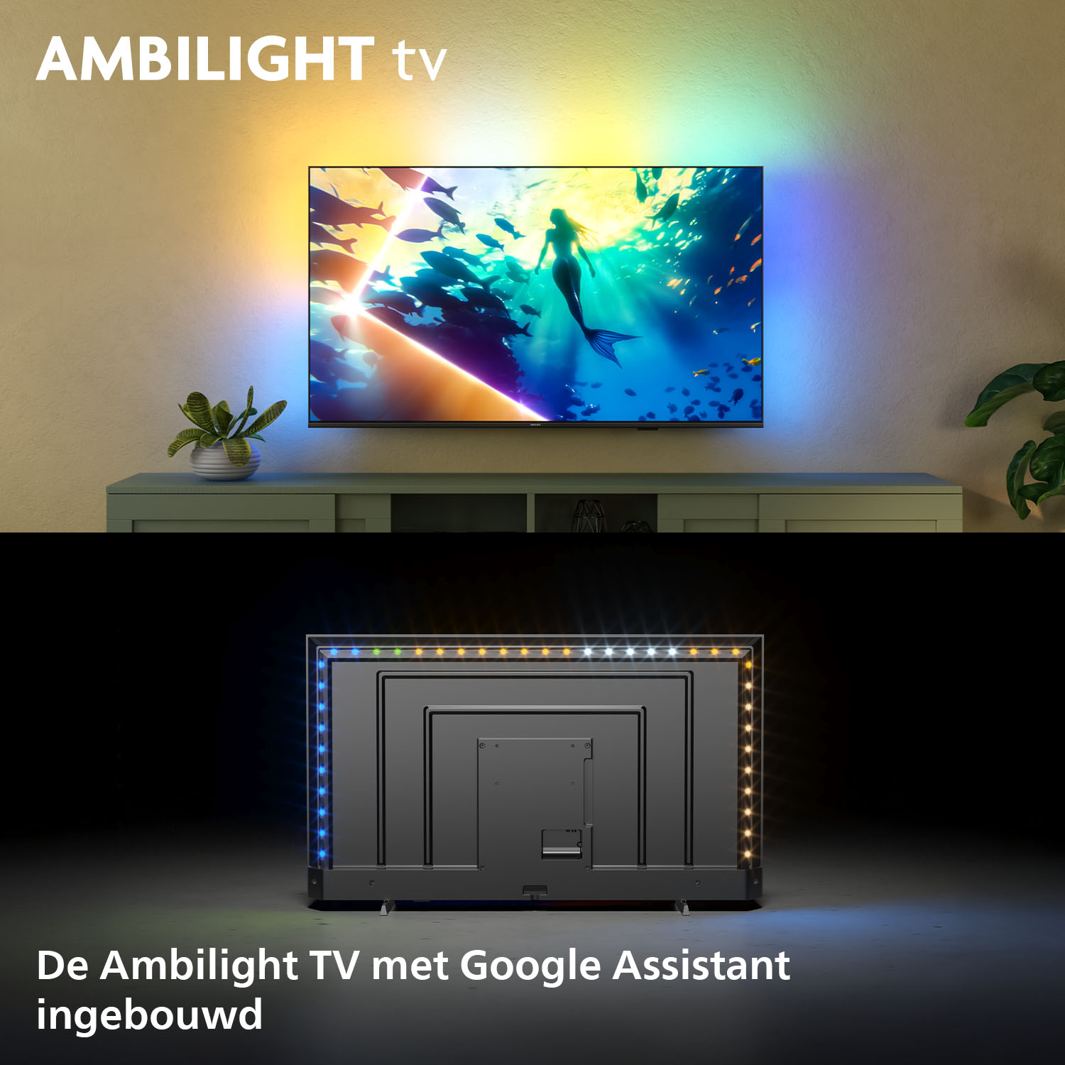 Ambilight TV displays an underwater scene. Rear view shows LED lights.