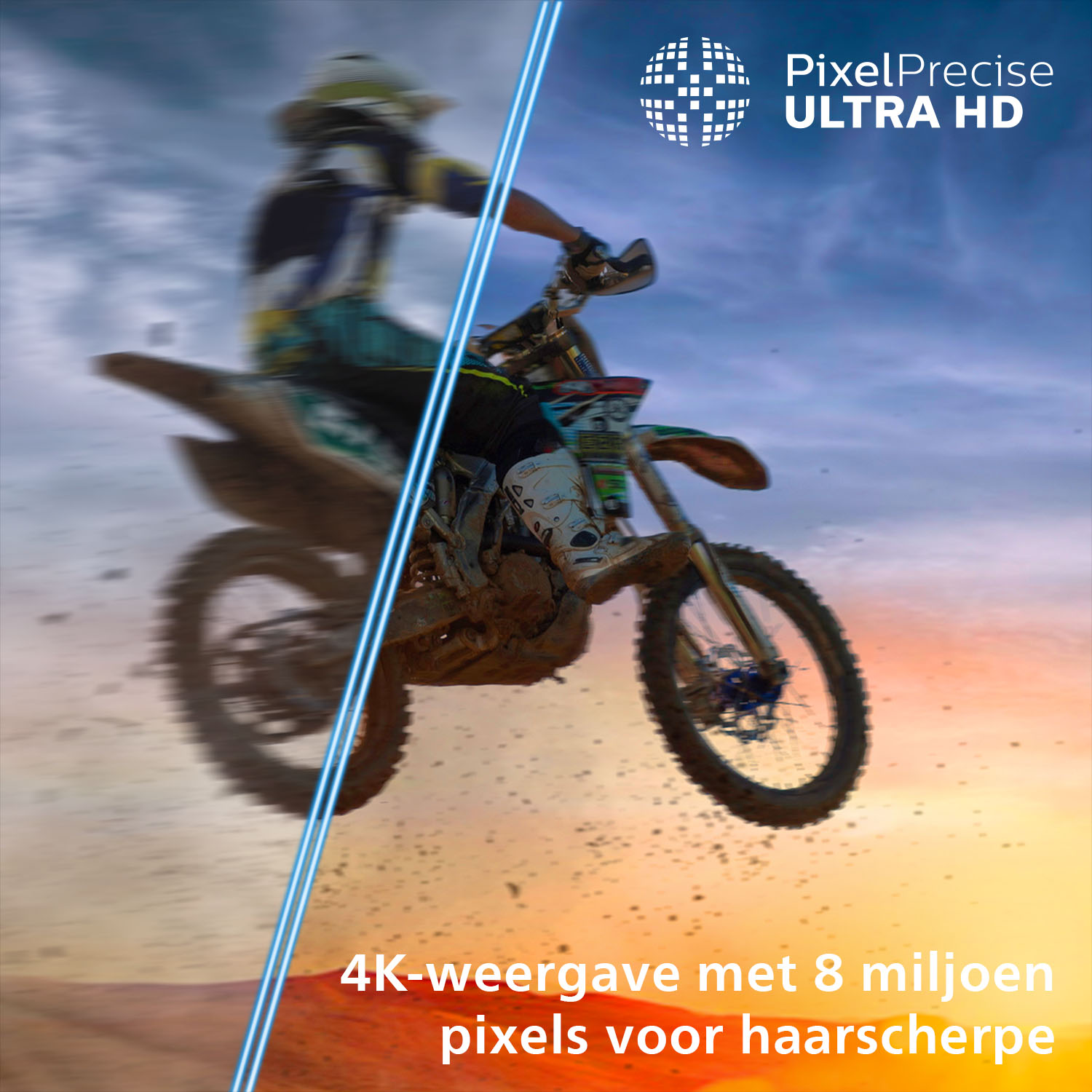 Motocross rider mid-air, blue neon lines divide image, PixelPrecise Ultra HD text.