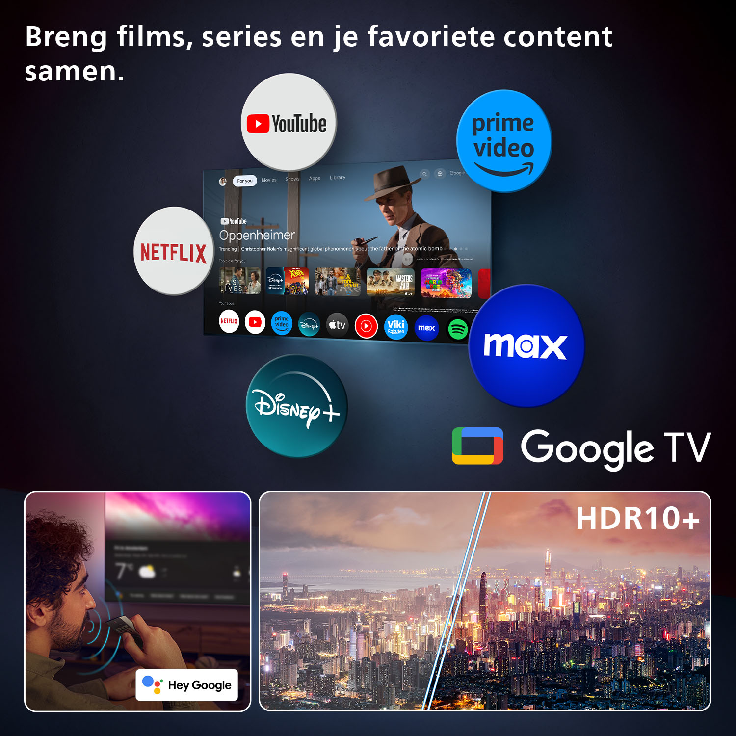 Google TV interface with streaming service logos and a city skyline.