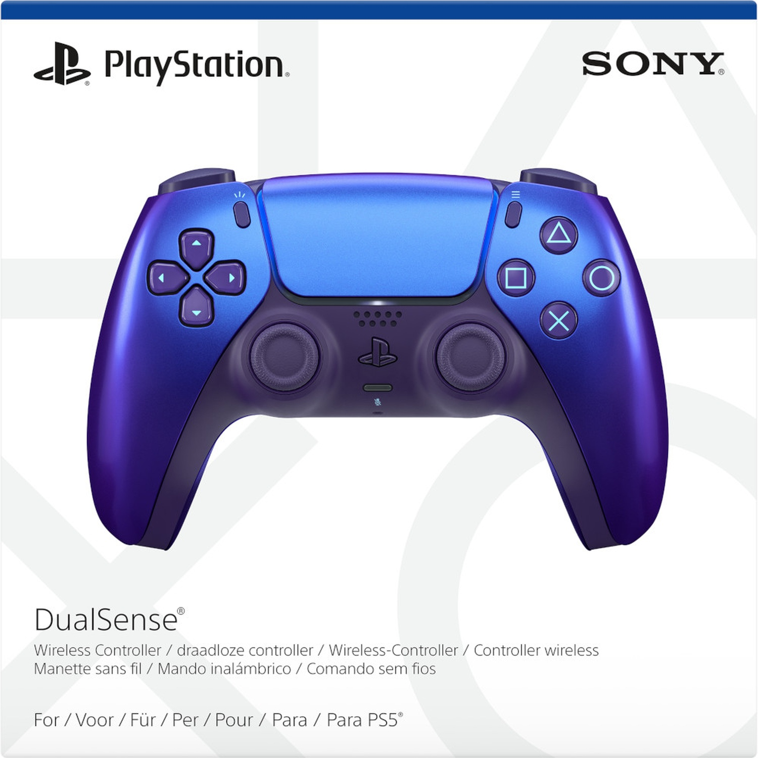 A blue and purple DualSense wireless controller for PS5 is shown. PlayStation and Sony logos are visible.