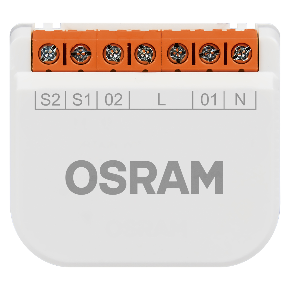 Fehér OSRAM készülék narancssárga csavaros kapcsokkal és S2, S1, 02, L, 01, N címkékkel.