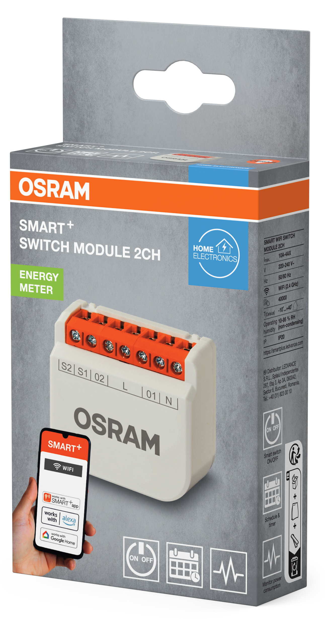 OSRAM Smart+ kapcsoló modul 2CH energia mérővel, WiFi kapcsolattal.
