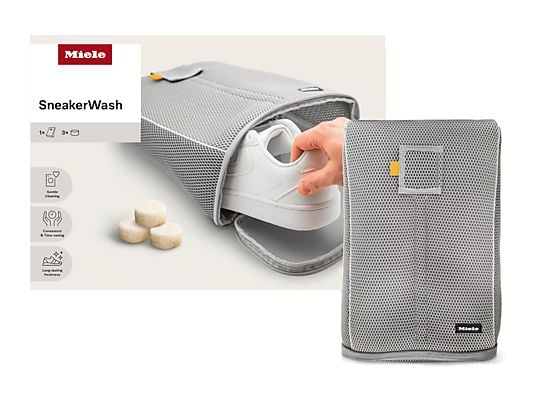 Miele SneakerWash Tasche mit einem weißen Sneaker und drei Reinigungstabletten.