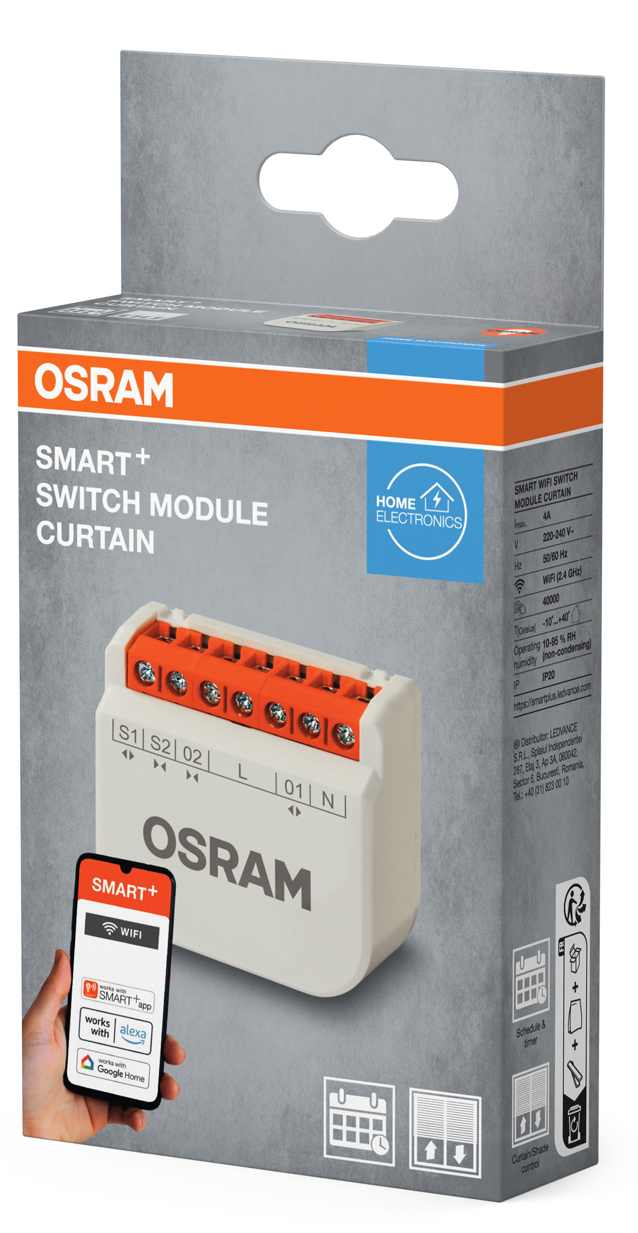 OSRAM Smart+ Switch Module Curtain doboz eszközzel és appot mutató okostelefonnal. Specifikációk.