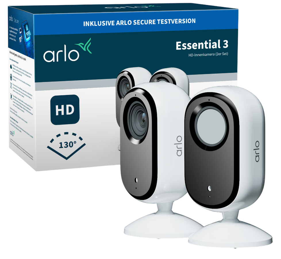 Weiße Arlo Essential 3 HD-Innenkameras (2er-Pack) mit einer Box "Arlo Secure".