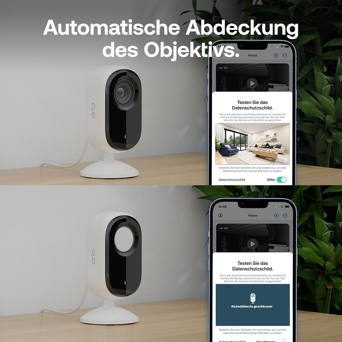 Arlo-Kamera mit geschlossener und offener Objektivabdeckung, mit App-Oberfläche.