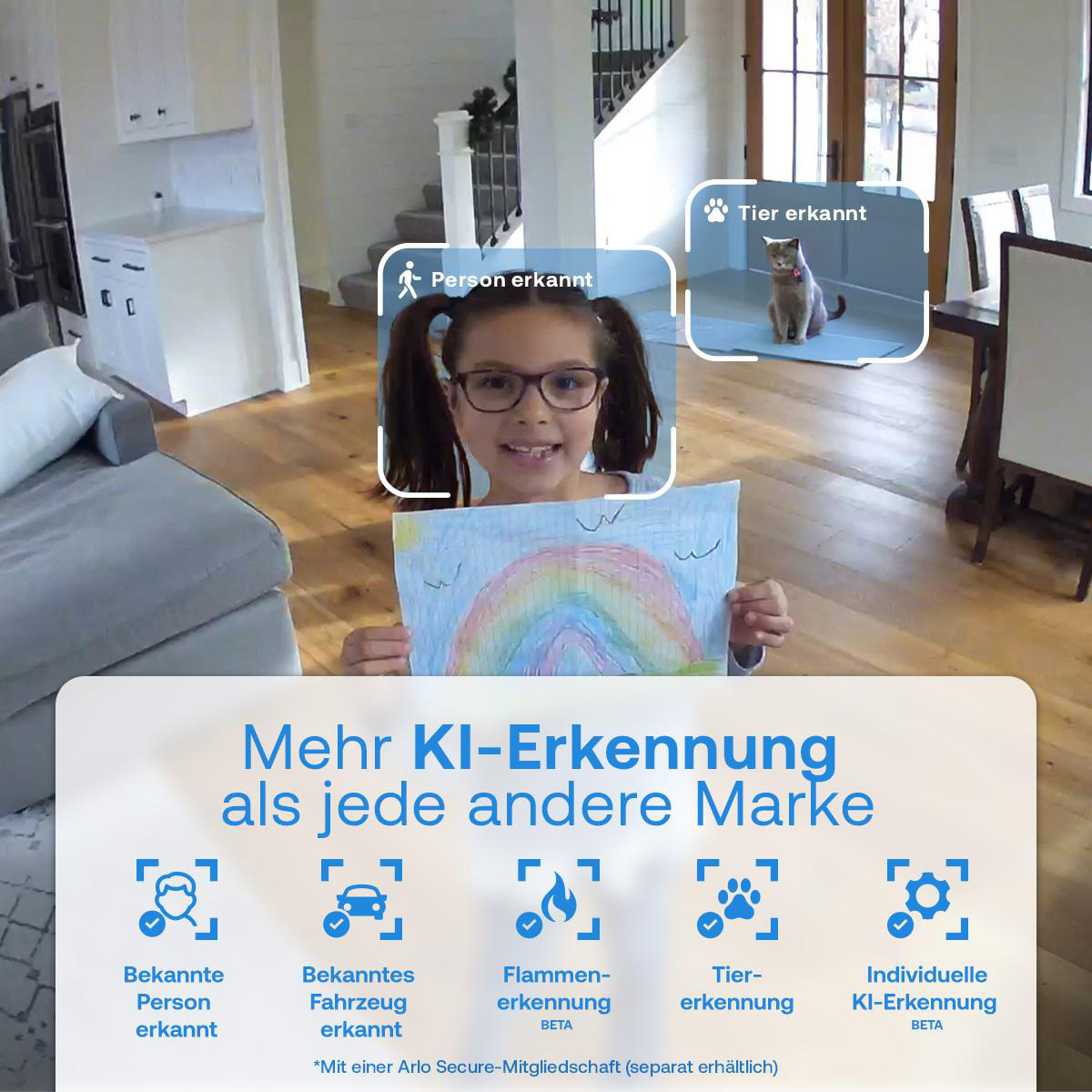 Ein Mädchen hält eine Regenbogenzeichnung. Eine Katze ist im Hintergrund sichtbar. KI-Erkennungssymbole sind zu sehen.