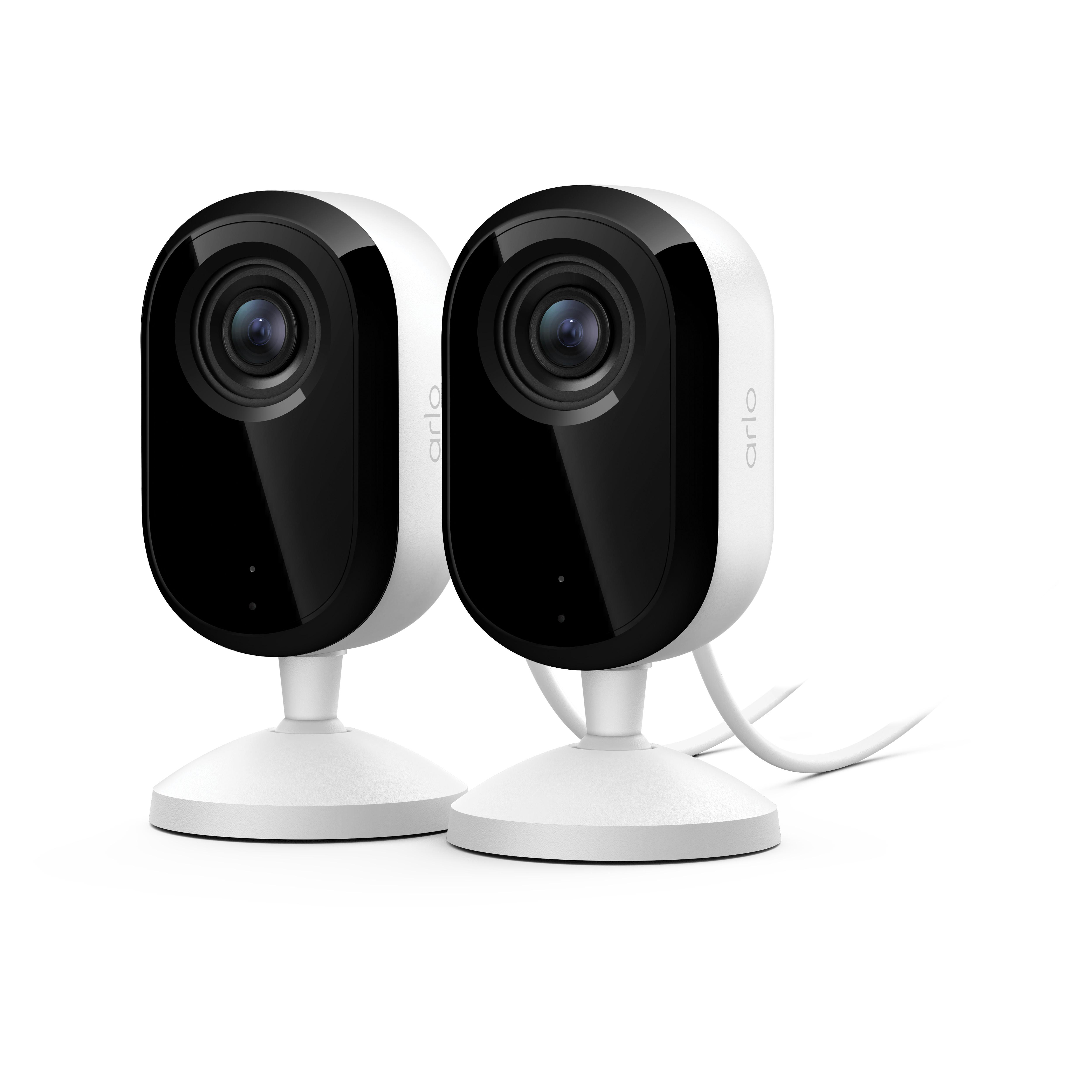 Zwei weiße Arlo-Sicherheitskameras mit schwarzen Vorderseiten und Linsen auf weißen Ständern.