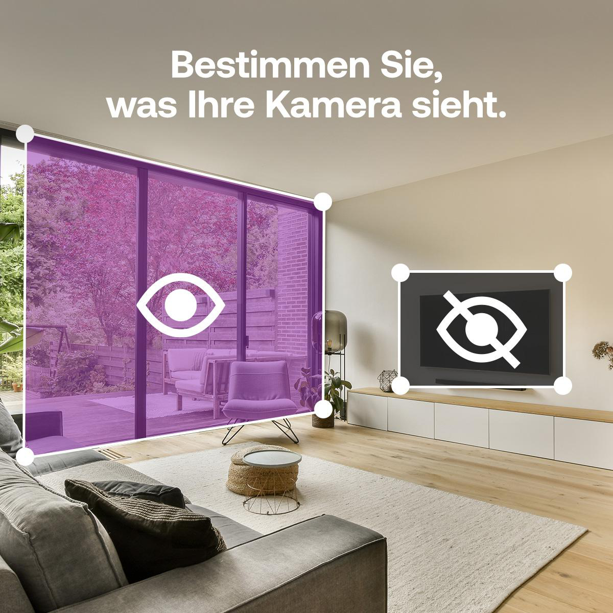 Wohnzimmer mit violett hervorgehobener Kamerabereich und einem Fernseher mit Sichtschutzsymbol.