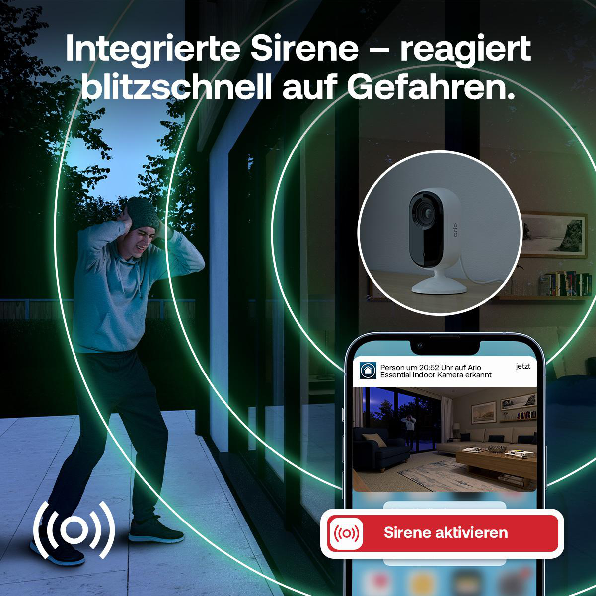 Mann hält sich Ohren zu, während Sirenen-Schallwellen von Handy mit Arlo-Kamera-Alarm ausgehen.